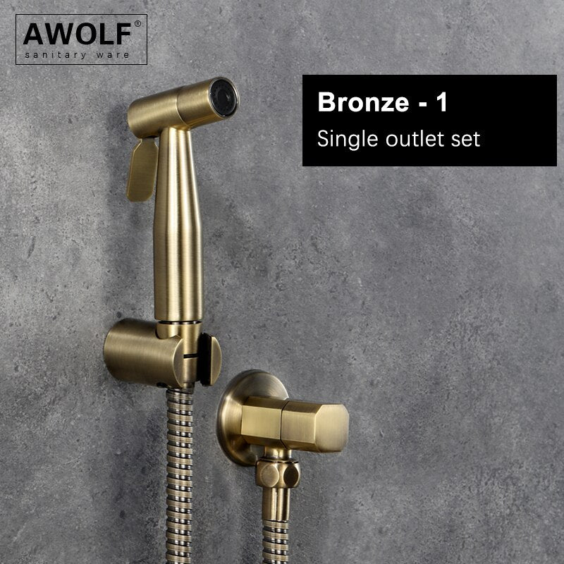 Awolf, cabezal de ducha higiénico de oro rosa, juego de rociador de bidé de mano para inodoro, válvula de latón Shattaf de acero inoxidable, ducha Anal AP2102