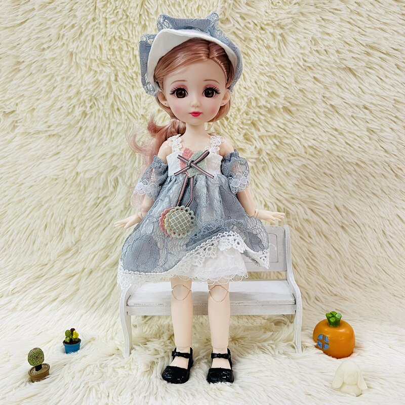 New 12 Inch 22 Movable Joints BJD Doll 31cm 1/6 Makeup Dress Up Cute Brown Blue Eyeball Dolls with Fashion Dress for Girls Toy