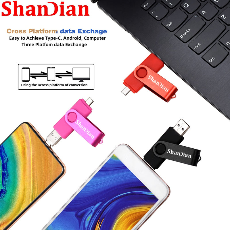 SHANDIAN Multifunktions-USB-Flash-Laufwerk OTG Hochgeschwindigkeits-USB-Laufwerk 64 GB 32 GB USB-Stick 3in1 Micro USB 2.0 Kostenloser TYPE-C-Adapter als Geschenk