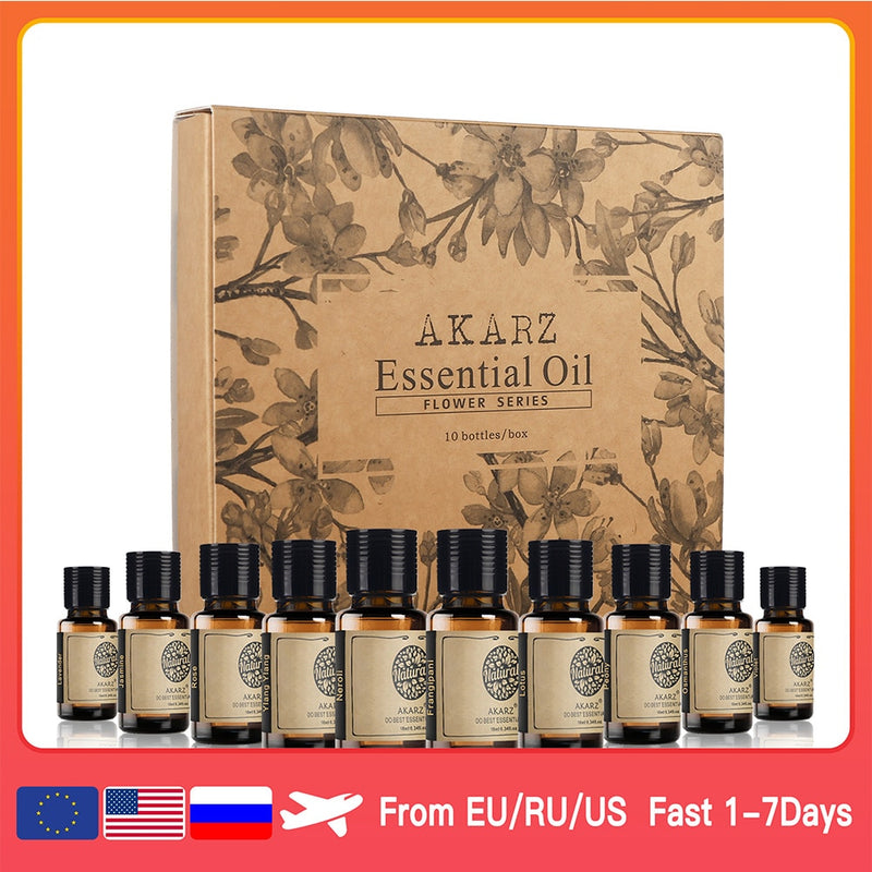 AKARZ Flower Serie 10 Sets Lavendel Jasmin Rose Ylang Neroli Frangipani Lotus Pfingstrose Osmanthus Veilchen Ätherisches Öl