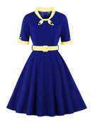 Tonval Green Contrast Bow Neck and Cuff Vintage Belted Dress Half Sleeve Herbst Damen Fit and Flare Retro Swing Kleider