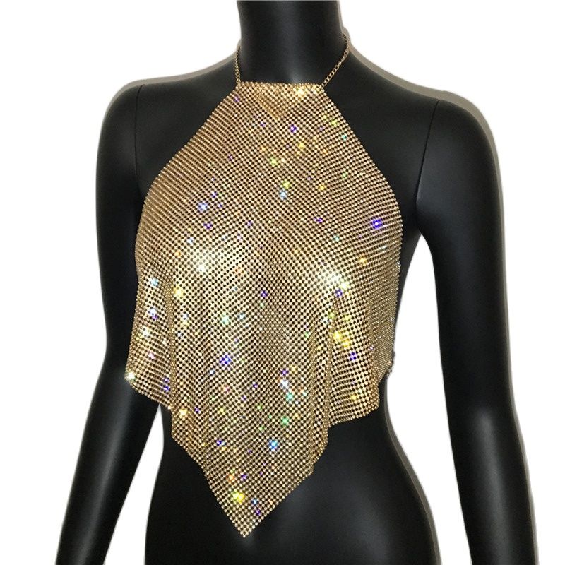 AKYZO Frauen Luxus Handgemachte Strass Camis Backless Metallkette Nachtclub Tops Sommer Party Club Gold Diamant Tanktops