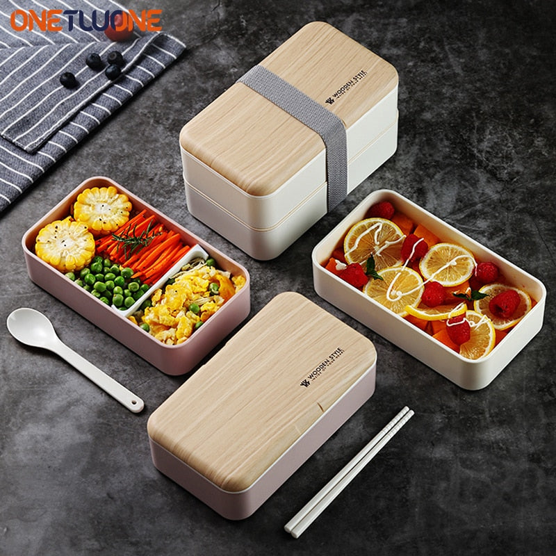 Mikrowellen-Doppelschicht-Lunchbox im Holzstil, Bento-Box, tragbare Behälterbox, BPA-frei