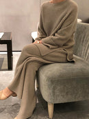 SMTHMA, nueva moda de invierno, suéter de punto cálido grueso para mujer, trajes de dos piezas + conjunto de pantalones de pierna ancha sueltos de cintura alta