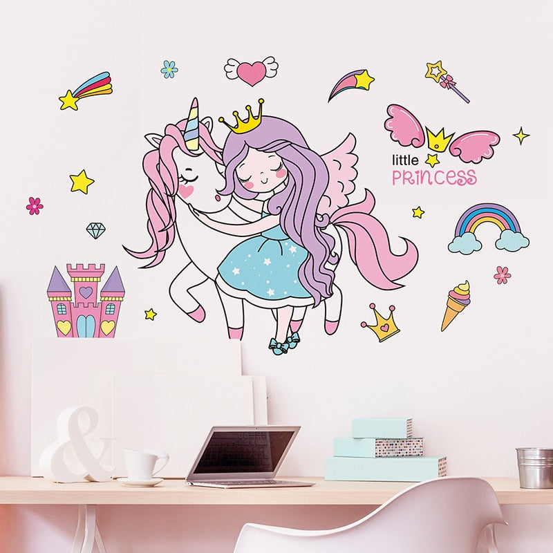 [shijuekongjian] Cartoon Girl Wall Stickers DIY Unicorn Animal Stars Wall Decals for Kids Bedroom Baby Room Home Decoration