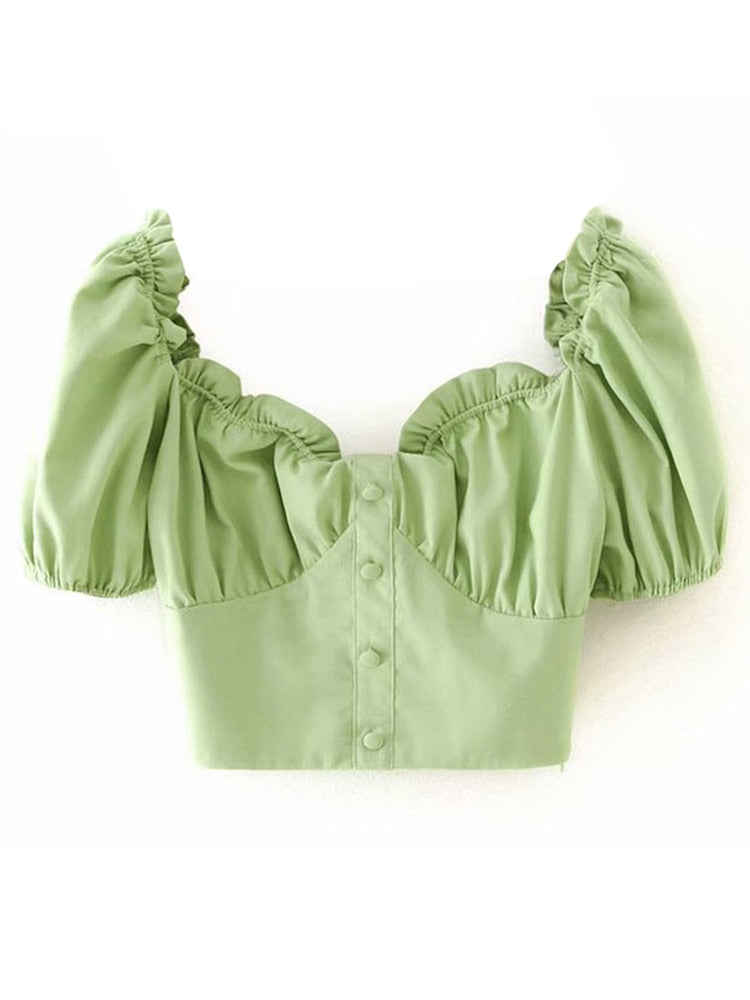 Aachoae Cotton Linen Cropped Blouses Women Chic Ruffle Short Sleeve Green Tops Sweet V Neck Solid Casual Blouse Shirt Blusas