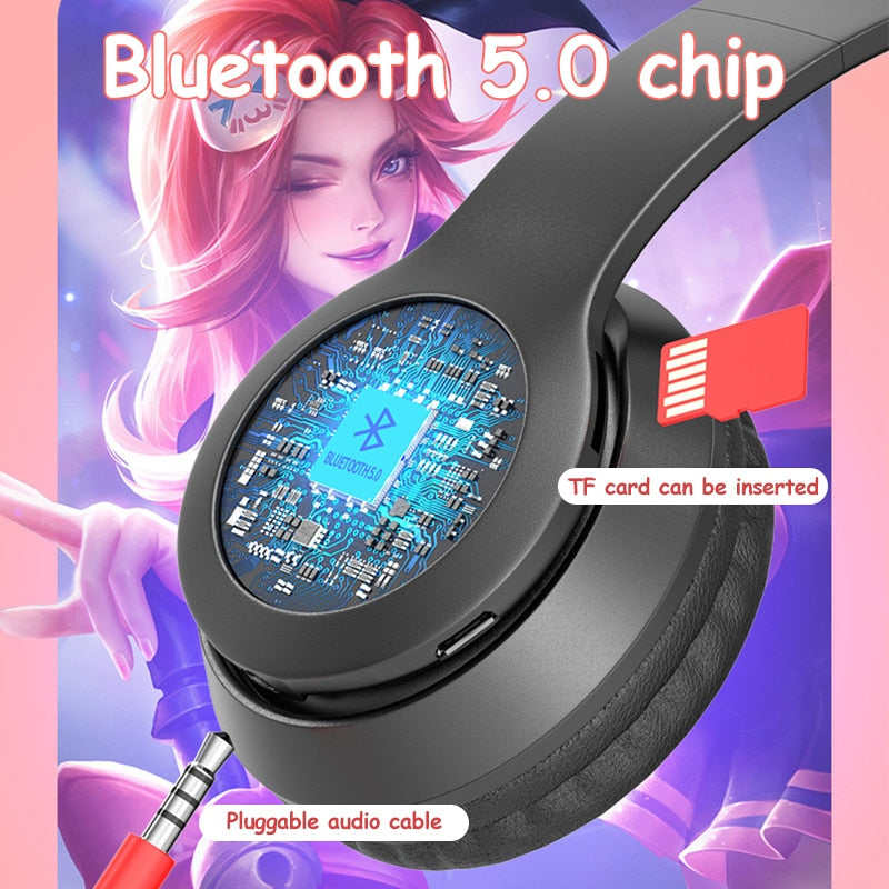 Auriculares inalámbricos Oreja de Gato con micrófono Blue-tooth Glow Light Stereo Bass Cascos Niños Gamer Girl Regalos PC Phone Gaming Headset