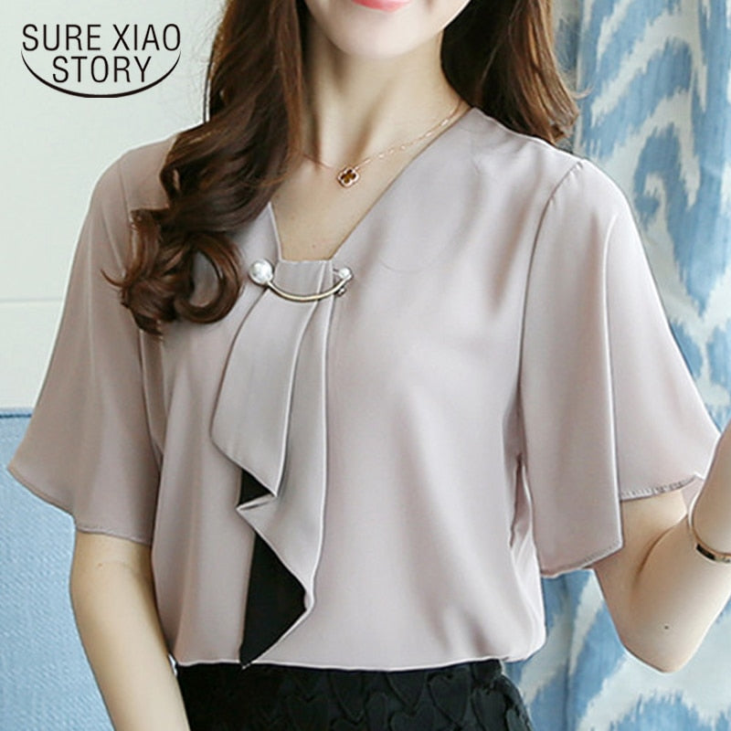 New Spring Fashion Chiffon Women Shirt Blouse Short Sleeve Plus Size Women&#39;s Clothing Loose Bow Neck Women&#39;s Tops Blusas D560 50