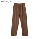 WOTWOY, pantalones de cuero sueltos empalmados de cintura alta para mujer, pantalones de cuero PU con cordón sólido para otoño, pantalones rectos para mujer 2021