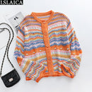 Cardigan Top Women Long Sleeve Single Button Decorated Slim Rainbow Striped Patchwork Women&