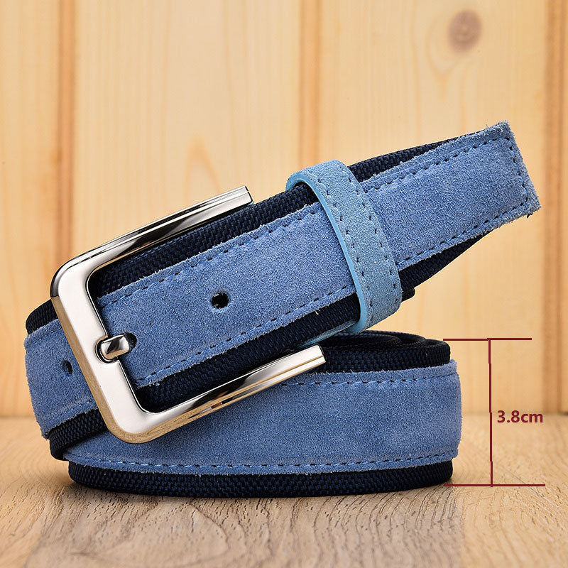 Men Suede Leather Belt With Oxford Fabric Strap Genuine Leather Luxury Pin Buckle Blue Belts For Men 3.5 cm and 4.0 cm Width