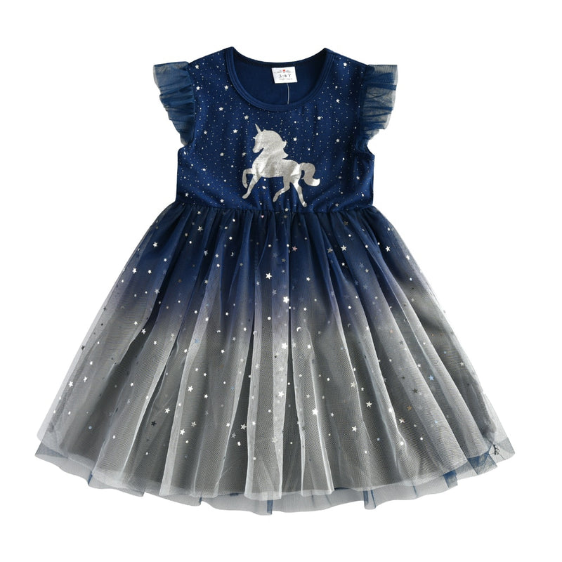 DXTON Girls Clothes for Summer Princess Dresses Kids Flare Sleeve Unicorn Print Dress Girls Party Dresses Children Clothing 3-8Y