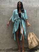 2022 Bikini-Vertuschungen Schwarz Retro Striped Self Belted Damen Sommerkleidung Kimono Kleid Beach Wear Badeanzug Cover Up Q1225