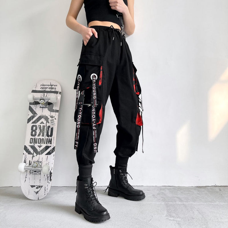 Women Cargo Pants 2023 Harem Pants Fashion Punk Pockets Jogger Trousers With Chain Harajuku Elastics High Waist Streetwear