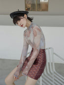 CHEERART Sheer T-Shirt Frauen Rollkragen Mesh Top Malerei Druck Langarm T-Shirt Femme Body Tight Unterwäsche Herbstkleidung