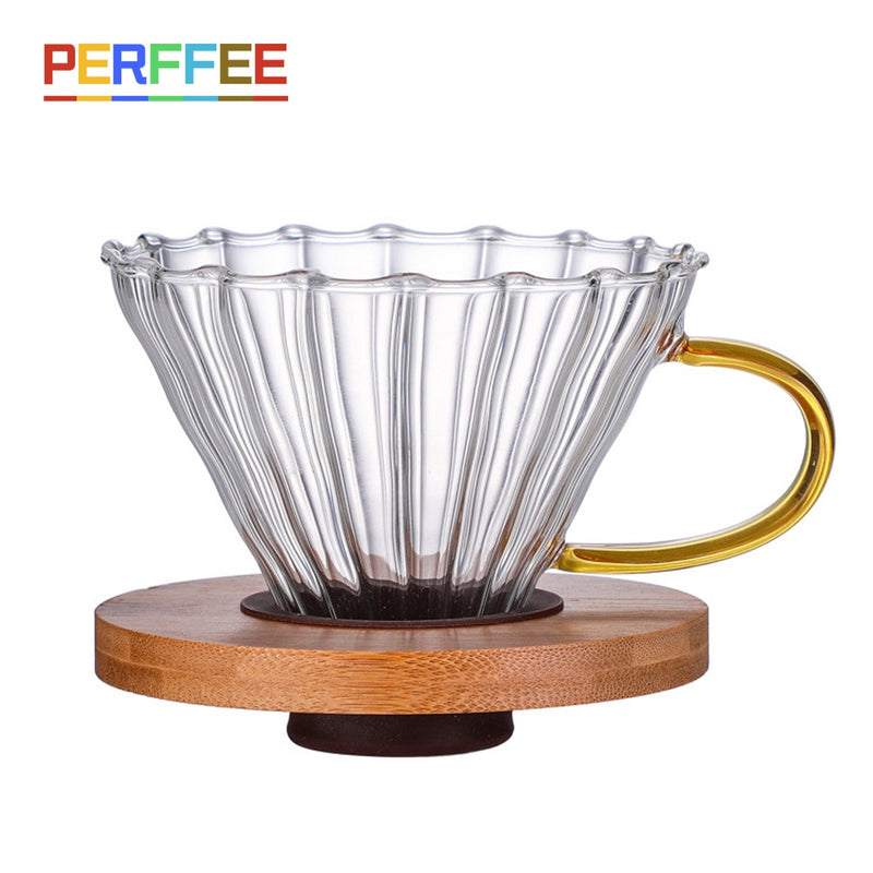 Coffee Dripper Glass Funnel Drip Coffee Maker V01 V02 Filter Transparent Reusable Pour Over Brewing Cup with Wooden Holder