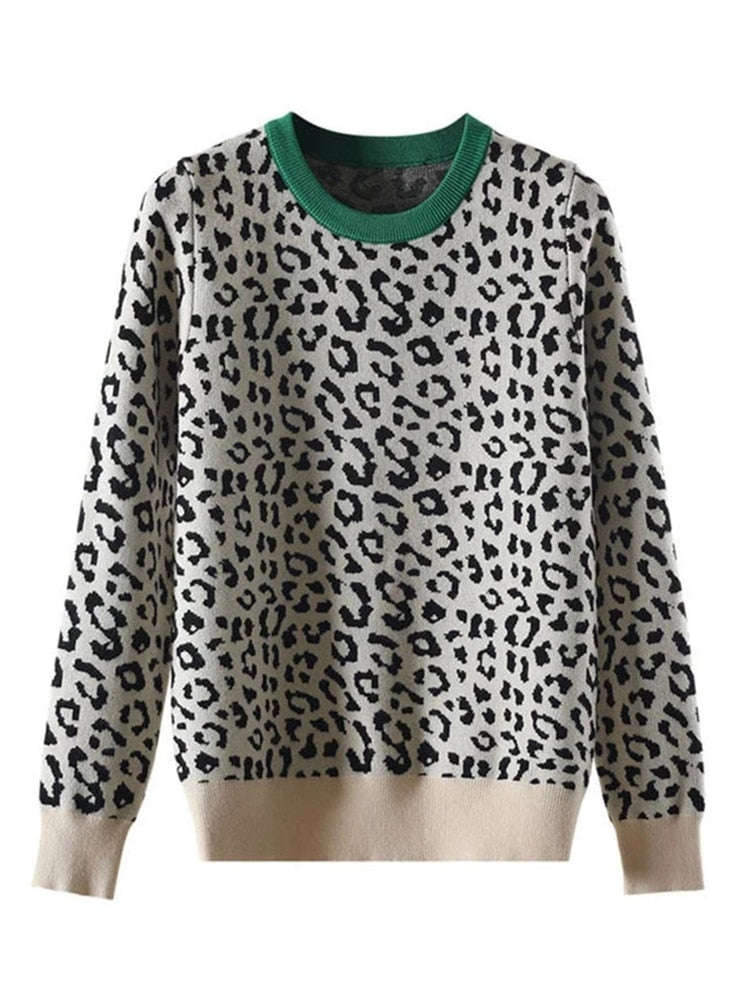 Herbst Winter Frauen Pullover Leopard Strickpullover Langarm Kontrastfarbe Rundhals Pullover Sweter Mujer C-026