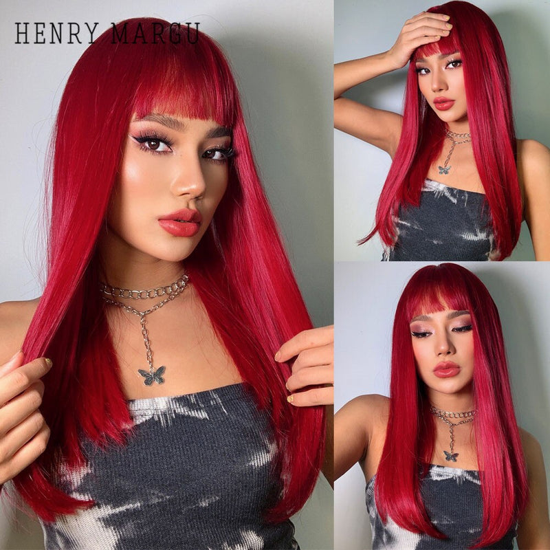 HENRY MARGU Long Straight Black Synthetic Wigs With Bangs Natural Fake Hairs for Women Afro Heat Resistant Cosplay Daily Wigs