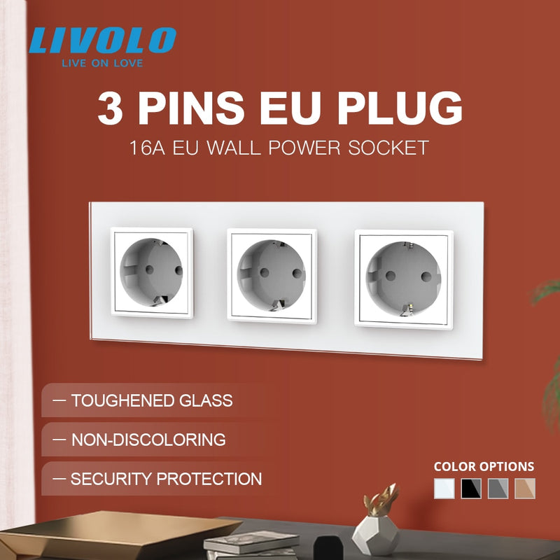 Livolo Neue EU-Standard-Steckdose, Steckdosenleiste, Dreifach-Wandsteckdose ohne Stecker, gehärtetes Glas C7C3EU-11/2/3/5