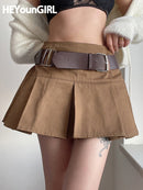 HEYounGIRL Lässiger brauner Falten-Minirock Damen hohe Taille kurze Röcke Damen mit Gürtel koreanische Mode 90er Sommerstraße