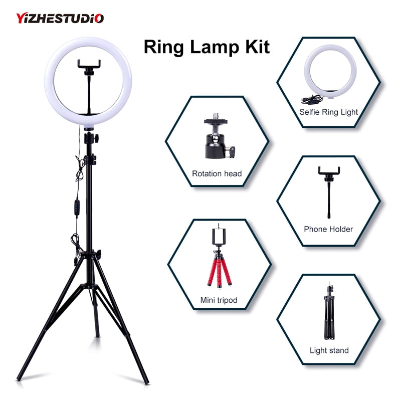 Lámpara de anillo Yizhestudio con trípode, anillo de luz regulable para Selfie con soporte, tubo anular de color, iluminación fotográfica para estudio en vivo