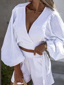 Women Casual Loose V Neck Crop Top And Straight Shorts Two Piece Set Female Solid Lace Up Long Sleeve Shirts Tops And Shorts Set