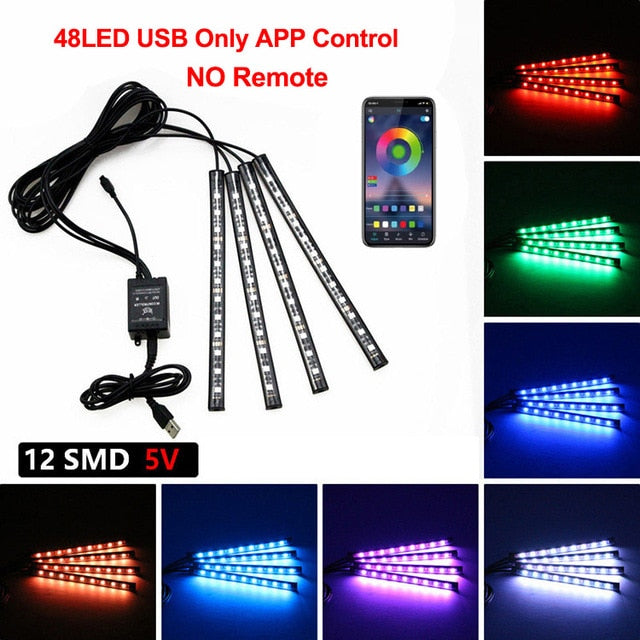 Neon 48 72 LED Car Interior Ambient Foot Light with USB Wireless Remote Music App Control Auto RGB Atmosphere Decorative Lamps