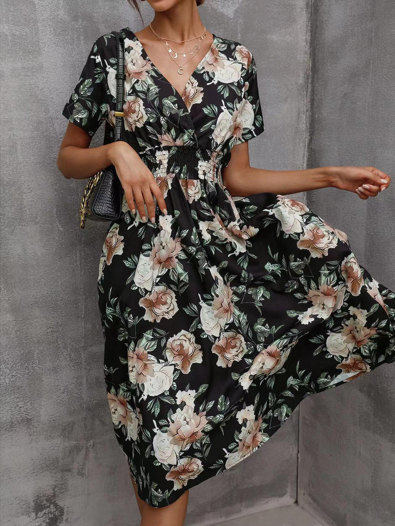 White Floral Printing Summer Chiffon Beach Dress 2022 Casual V-neck Short Sleeve A-line Women Midi Dresses Vestidos