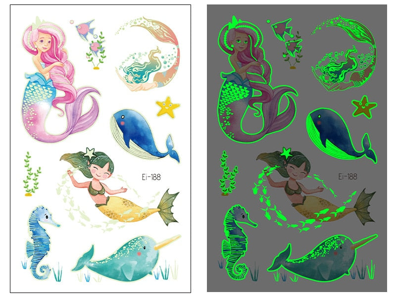 Pegatinas de tatuaje luminosas para niños, tatuajes falsos temporales, pasta brillante en la cara, brazo, pierna para niños, arte corporal, pegatina de sirena