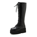 Gdgydh Mode Frauen Stiefel Cross Strap PU Leder Herbst Winter Kniehohe Stiefel Damen Dicke Sohle Plateauschuhe Punk Gothic