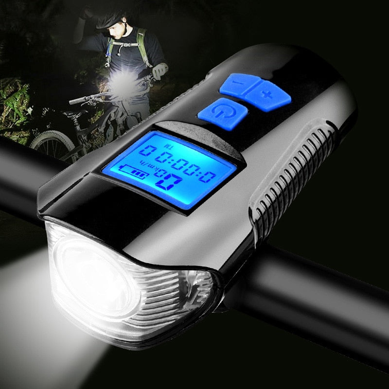 Wasserdichtes Fahrradlicht, USB-Aufladung, Fahrrad-Frontlicht, Taschenlampe, Lenker, Radfahren, Kopflicht mit Hupe, Geschwindigkeitsmesser, LCD-Bildschirm