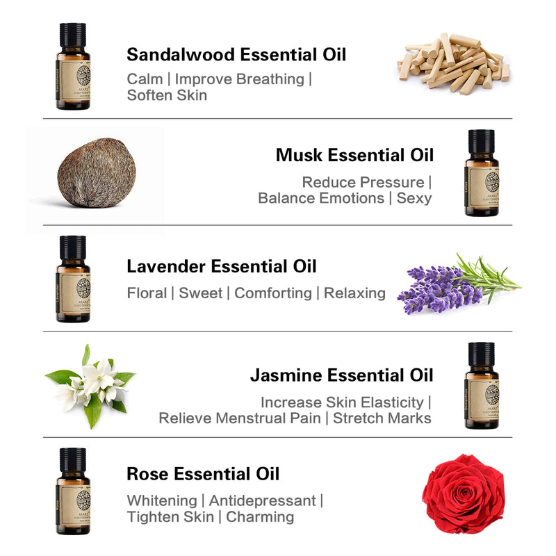 AKARZ Hots 10 Sets Sandelholz, Moschus, Lavendel, Jasmin, Rose, Patchouli, Ylang Ylang, Vanille, Eukalyptus, ätherisches Myrrheöl