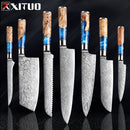 XITUO Kitchen Knives-Set Damascus Steel VG10 Chef Knife Cleaver Paring Bread Knife Blue Resin and Color Wood Handle 1-7PCS set