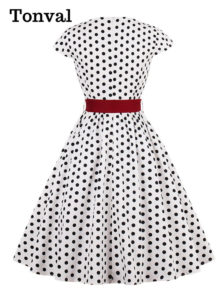 Tonval Green Retro Polka Dot 1950er Rockabilly Plissee Belted Dress Cap Ärmel Sommer Damen High Waist Vintage Kleider