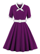 Tonval Green Contrast Bow Neck and Cuff Vintage Belted Dress Half Sleeve Herbst Damen Fit and Flare Retro Swing Kleider