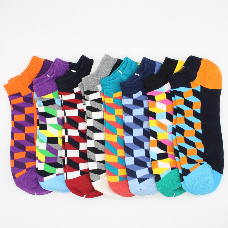 6-12 Pairs Novelty Funny Casual Ankle Socks Fashion Colorful Harajuku Fruit Animal Grid Cotton Men Socks Slippers