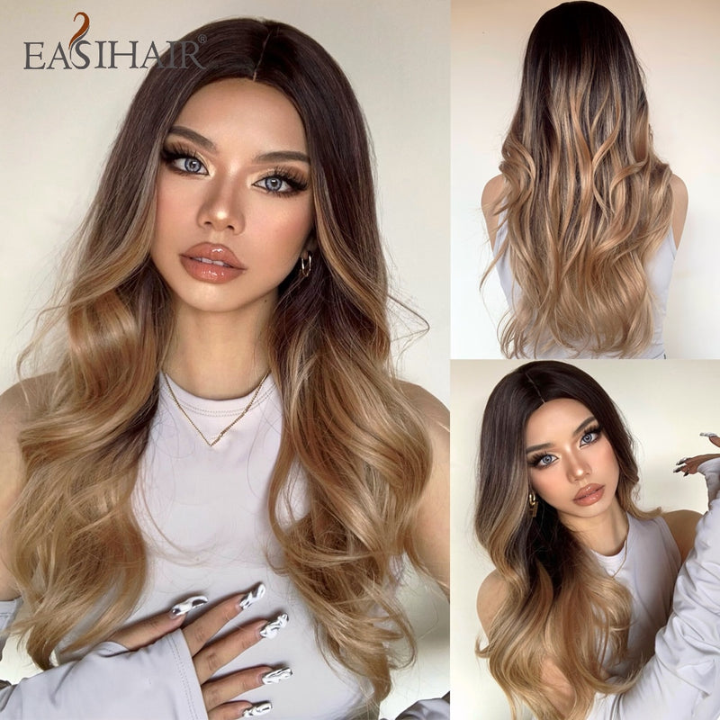 EASIHAIR largo rubio claro Ombre pelucas de estilo ondulado Natural pelucas sintéticas resistentes al calor pelucas de Cosplay de pelo de parte media para mujeres