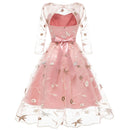 FMFSSOM Neue Sommer Blumendruck Stickerei Tüll Weibliches Kleid Süße Elegante Hohe Taille Lace Up A-linie Mesh Frauen Kleider 2XL