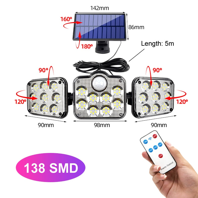 138 171 192 LED Solar Light Outdoor 3 Head Motion Sensor Wide Angle Illumination Waterproof Solar Wall Lamp Garden Garage Lights