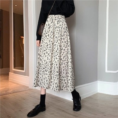 2023 Frühling Vintage Blumendruck Rüschen Plissee Lange Röcke Frauen Koreanische Rock Streetwear Kordelzug Elastische Taille Midirock