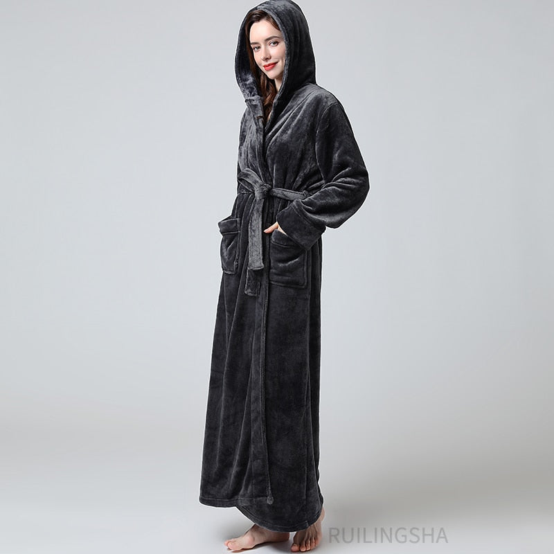 Women Men Winter Plus Size Flannel Robe Extra Long Hooded Warm Bathrobe Lovers Thick Kimono Bath Robe Male Dressing Gown Robes