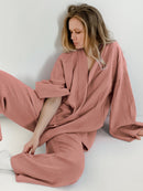 100% Baumwolle Damen Nachthemd Robe Pyjama Sets Flare Nachthemd Hosenanzüge Tropfenärmel Set Frau 2 Stück Bademantel für Frauen