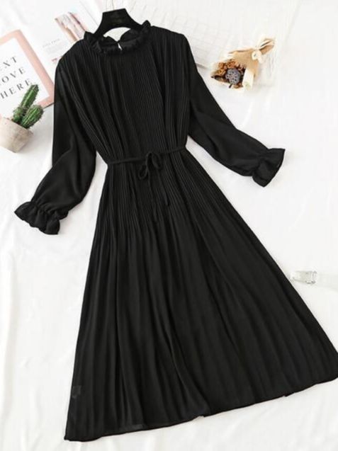 2022 New Women Spring Print Dresses Long Sleeve Chiffon Pleated Dress Casual Ruffle Flare Sleeve Long Dress Loose Vestidos