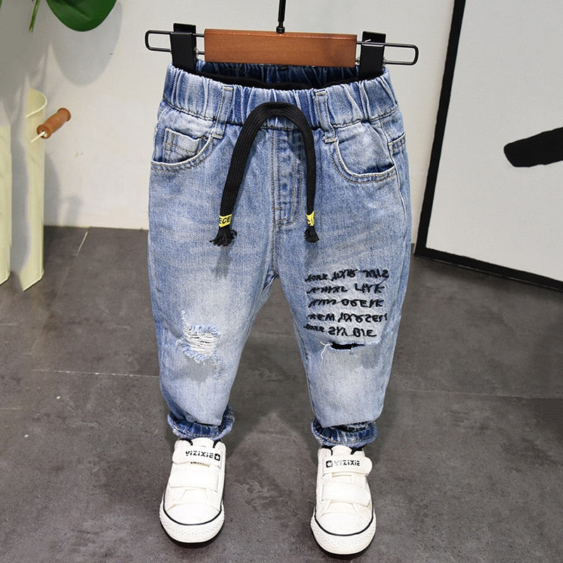 New Girls Jeans Spring Autumn Children Trousers 1-7Yrs Baby Boys Girls Jeans Boys Casual Hole Pants Cartoon Cat Jeans Kids Pants