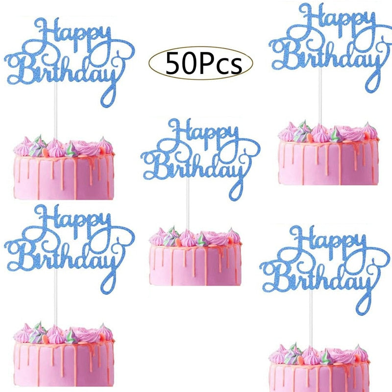 50Pcs Happy Birthday Cake Toppers Glitter Cardstock Baby Shower Kids Party Favors Decorations Cake Decoration Supplies