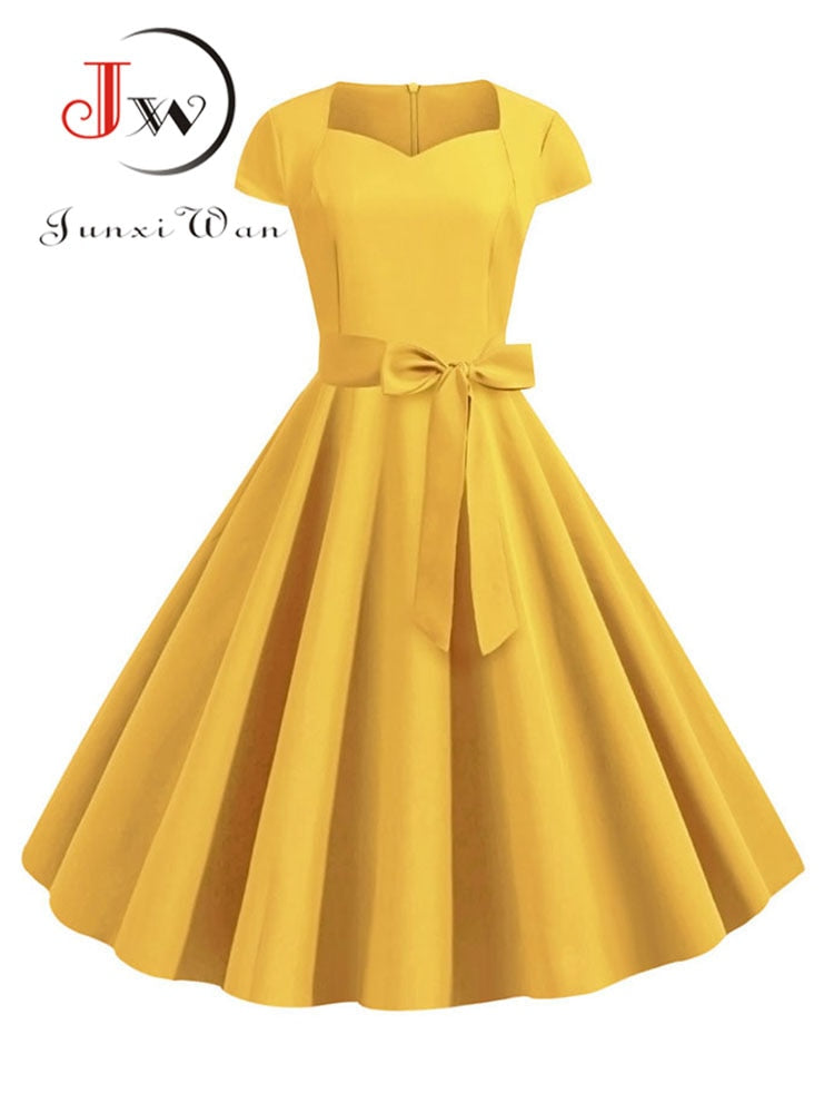 Verano Mujer Vintage vestido 50S 60S manga corta Casual elegante Retro Oficina fiesta Midi vestido bata mujer sólido Vestidos