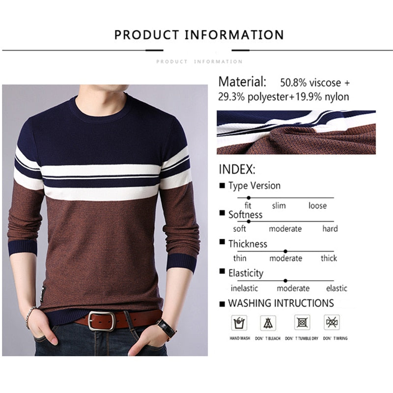 BROWON Brand 2022 Autumn Sweater Men O-neck Striped Knittwear Men Slim Sweaters Male Long Sleeve Social Business Clothes Men