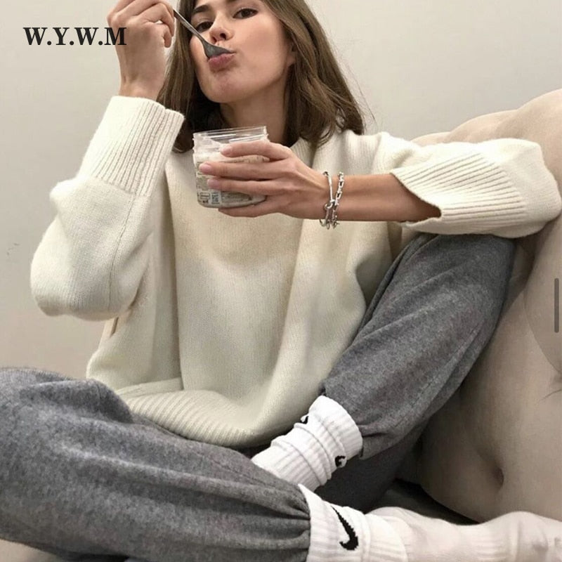 WYWM Cashmere Elegant Women Sweater Oversized Knitted Basic Pullovers O Neck Loose Soft Female Knitwear Jumper