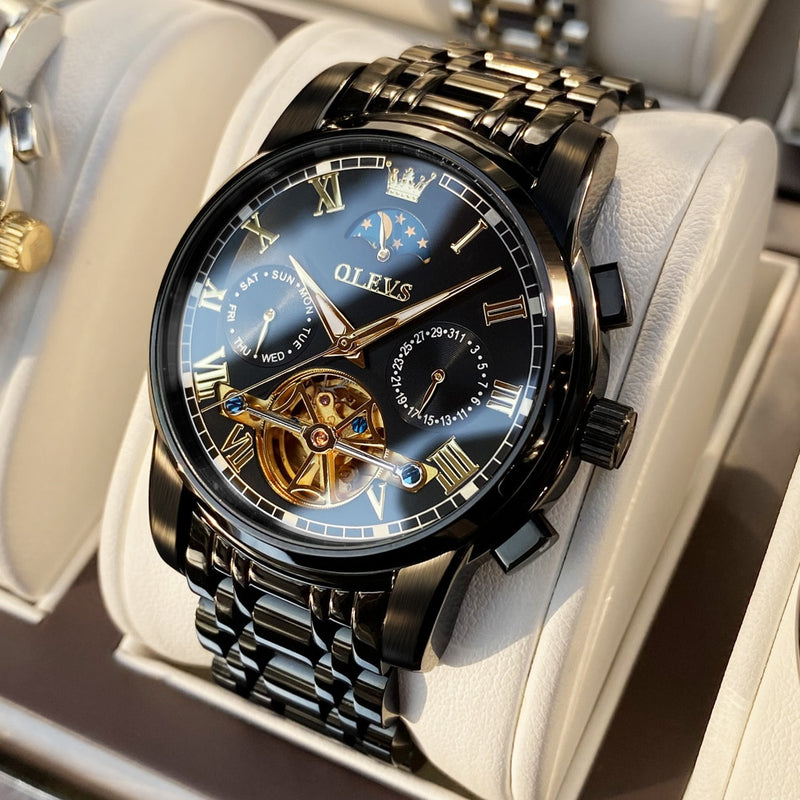 Reloj OLEVS para hombre, reloj mecánico automático, reloj de pulsera Stianless de la mejor marca, reloj de pulsera de lujo moon phaseTourbillon, regalos para hombre