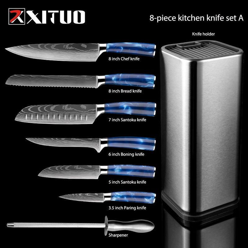 Juego de Chef de cocina XITUO, juego de 4-8 uds, cuchillo de acero inoxidable, soporte para cuchillos Santoku, cuchilla de corte de utilidad, cuchillos para pelar pan, tijeras